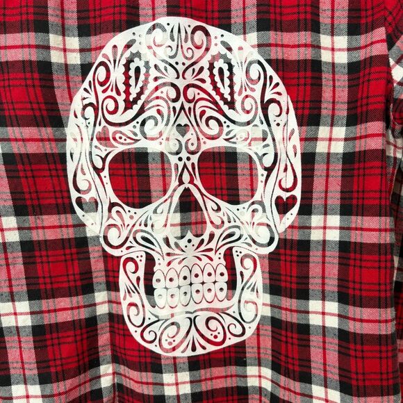 Hot Topic Red Plaid Sugar Skull Flannel Shirt Small Goth Romantic Steam Punk - Picture 7 of 11